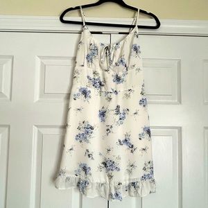 White Dress with Blue Floral Accent